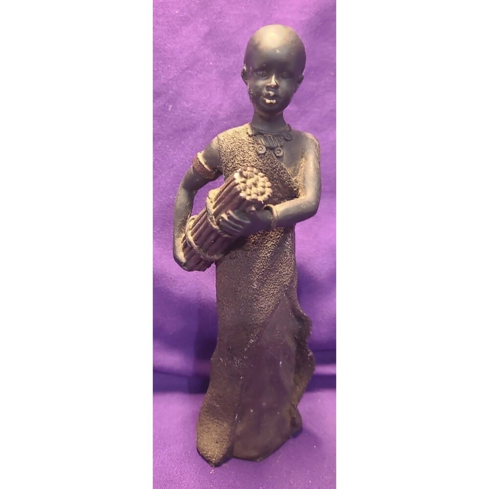 Vintage Carved Dark Wood African Girl Figurine Carrying Bundle 7.75" Tall